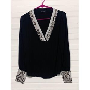 EXPRESS Black Long Sleeve Blouse Snake Print Trim V Neck Womens Top XS